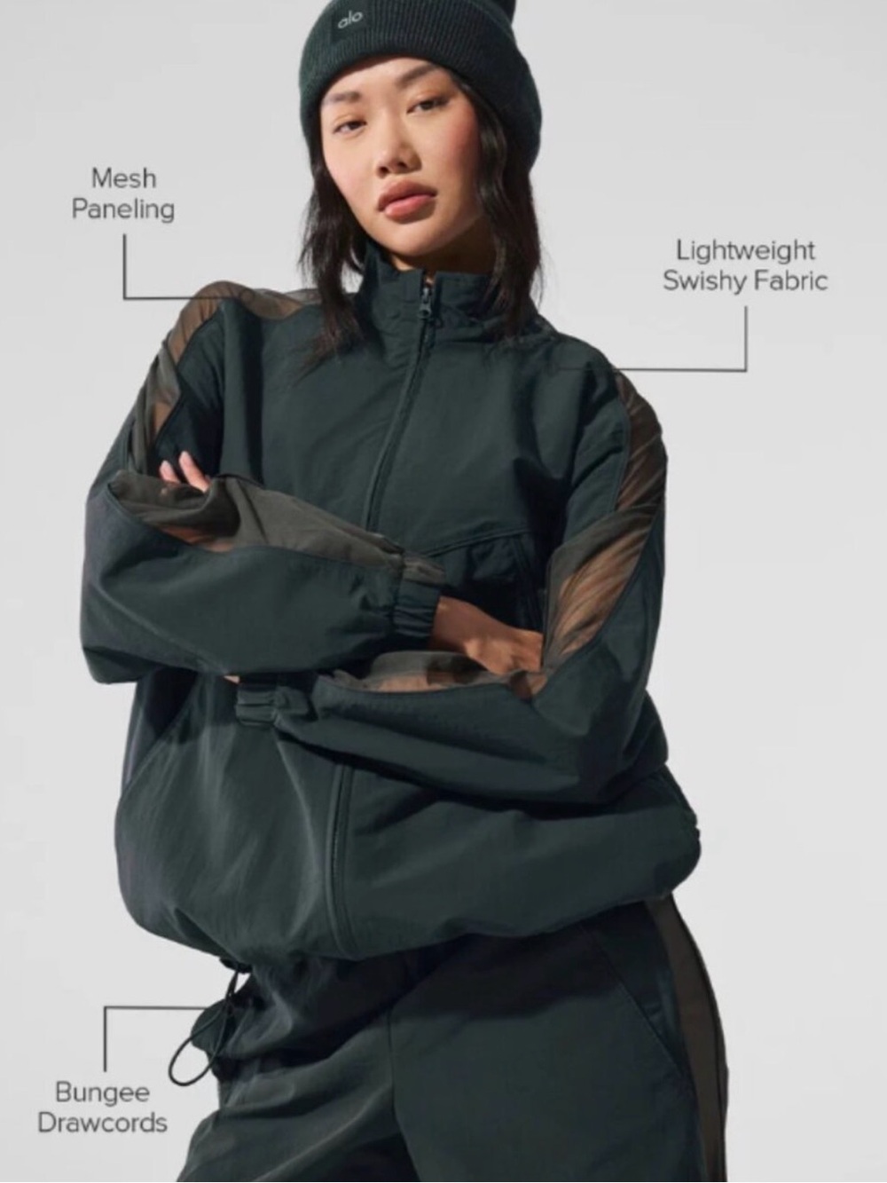 ALO Yoga Dark Green Mesh-Panel full zip Jacket